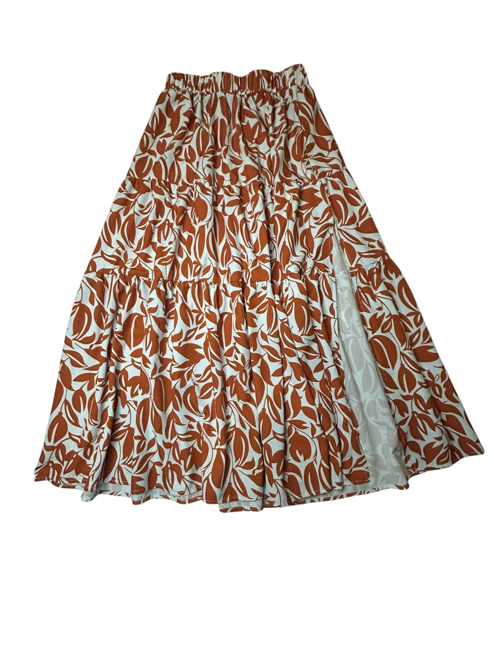 Floral Flowy Tiered Maxi Skirt with Slit Caramel & White Women S